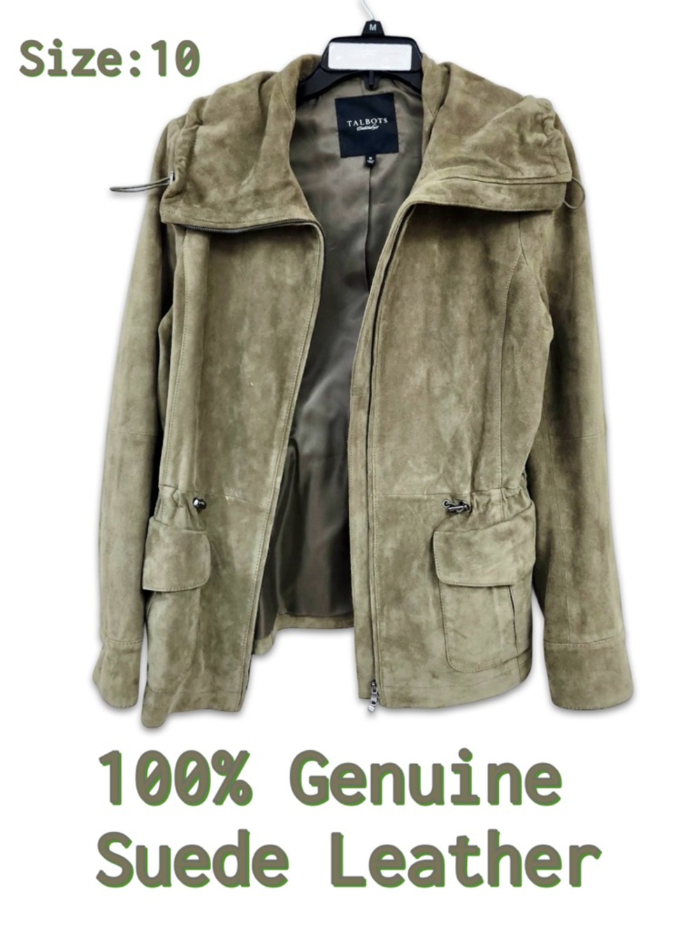 New Olive 100% Genuine Leather Suede long Utility jacket size 10 green funnel